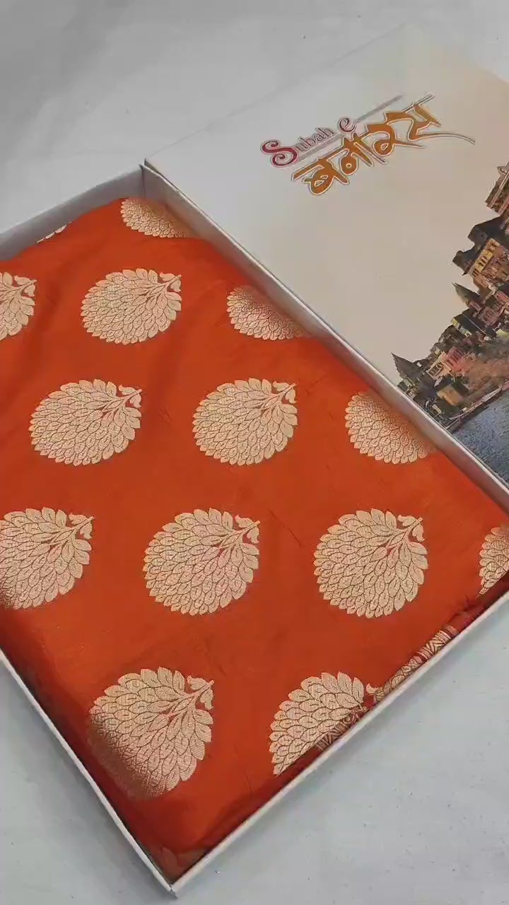 Regal Orange Pure Katan Silk Handloom Banarasi Saree - All Over Motifs