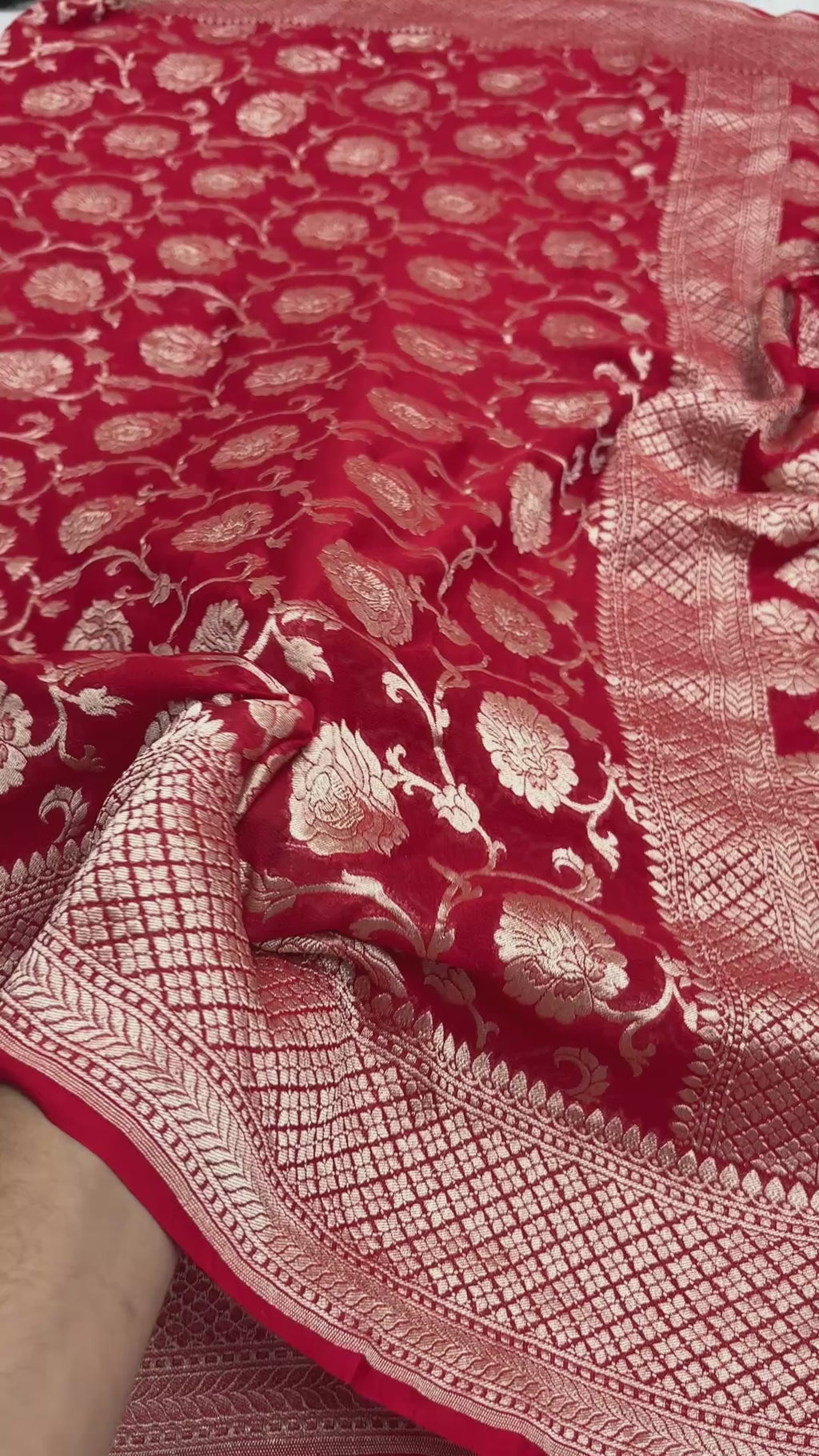 Red Pure Khaddi Georgette Silk Handloom Banarasi Saree - Water Zari