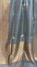 Dull Blue Pure Kora Silk Handloom Banarasi Saree - All Over Kadua Motifs