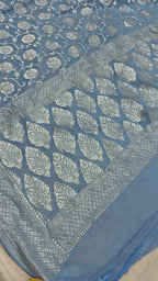 Blue Pure Khaddi Georgette Silk Handloom Banarasi Saree - All Over Jaal