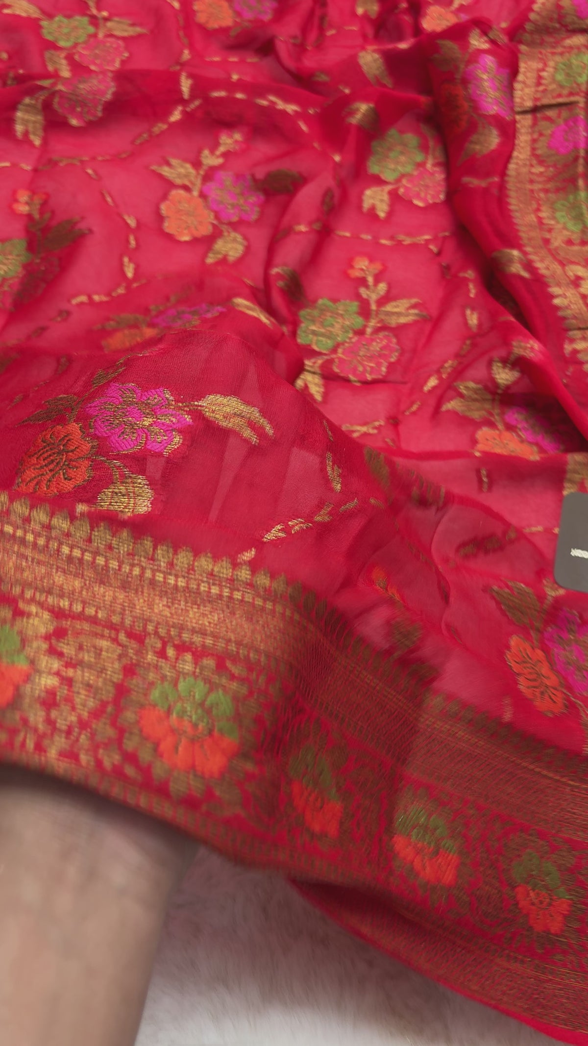 Regal Red Pure Khaddi Chiffon Silk Banarasi Saree - Meenakari Jaal