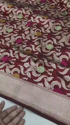 Maroon Pure Katan Silk Handloom Banarasi Saree - All Over Meenakari Brocade Jangla
