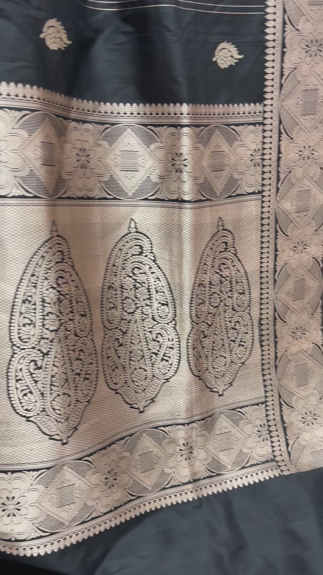 Regal Black Pure Katan Silk Handloom Banarasi saree - All Over Stripe Motifs