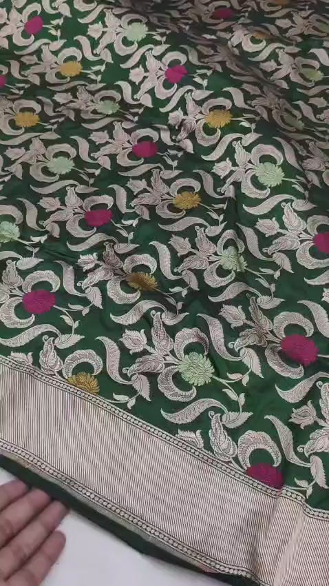 Regal Green Pure Katan Silk Handloom Banarasi Saree - All Over Meenakari Brocade Jangla
