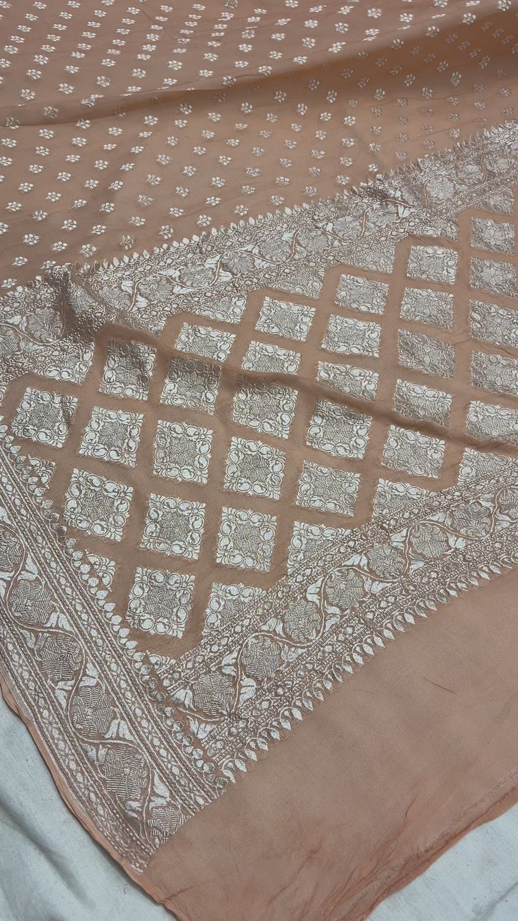 Peach Pure Khaddi Georgette Silk Handloom Banarasi Saree