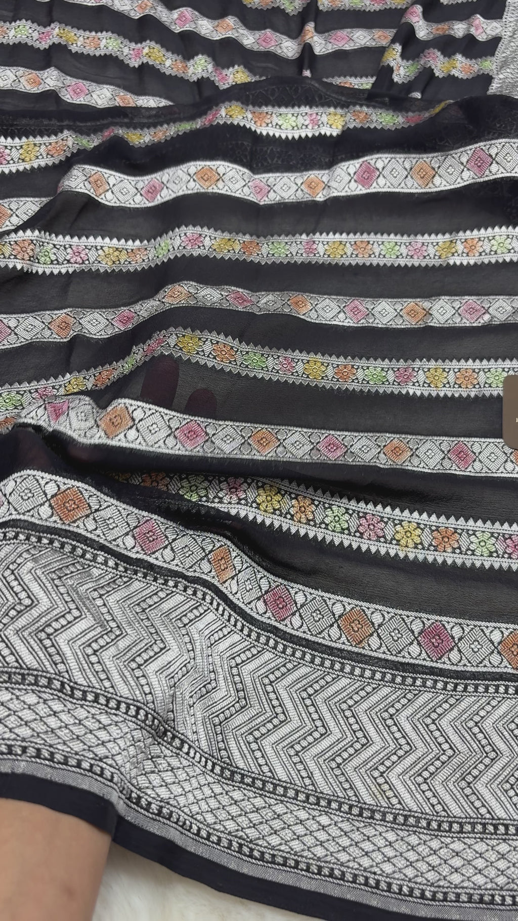 Black Pure Khaddi Georgette Silk handloom Banarasi Saree - Water Zari