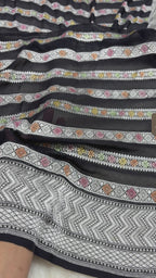 Black Pure Khaddi Georgette Silk handloom Banarasi Saree - Water Zari