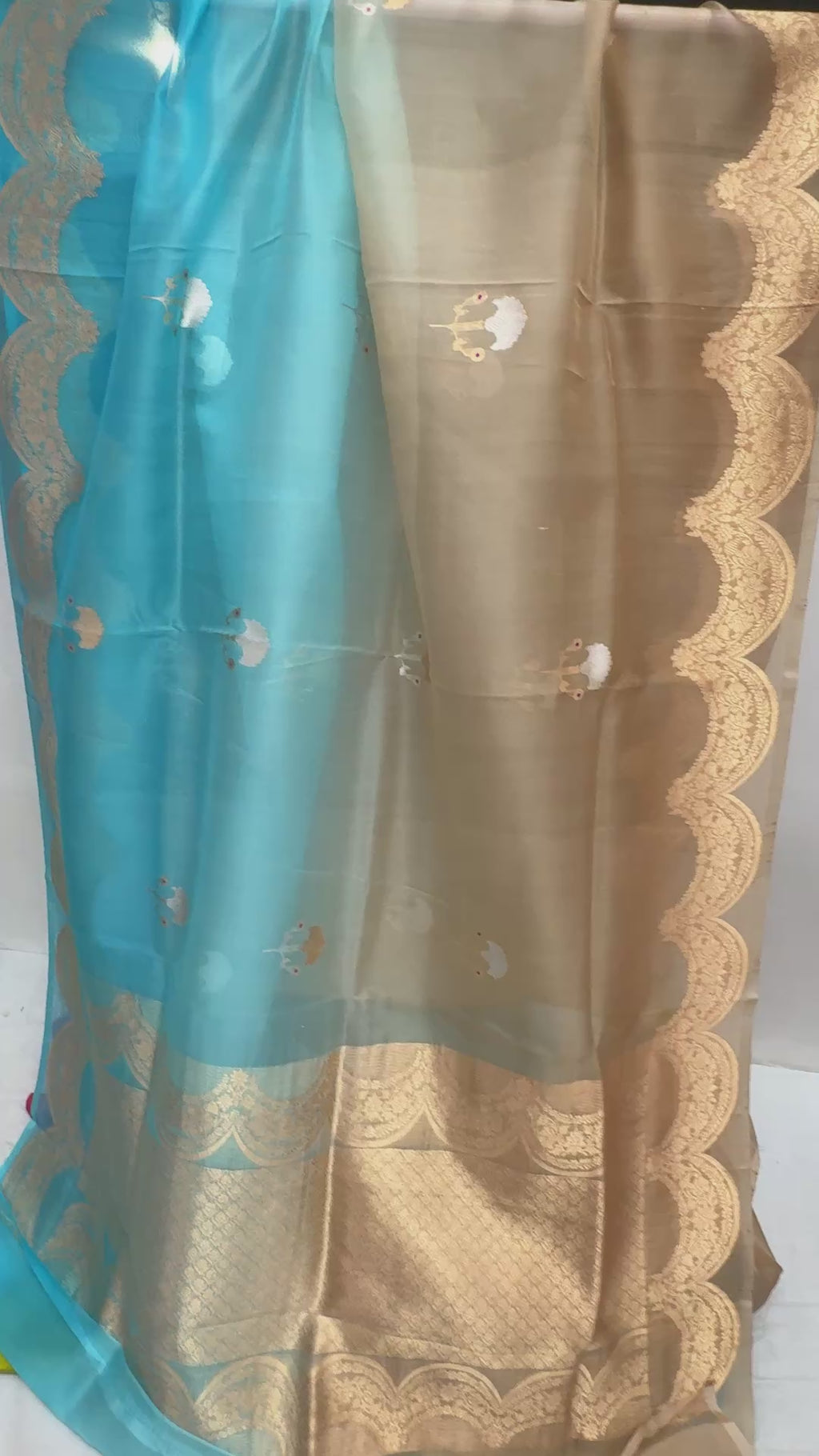 Half Brown & Half Blue Pure  Kora Silk Handloom Banarasi Saree - All Over Meenakari Kadua Motifs