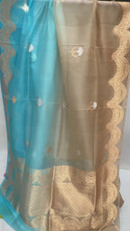 Half Brown & Half Blue Pure  Kora Silk Handloom Banarasi Saree - All Over Meenakari Kadua Motifs