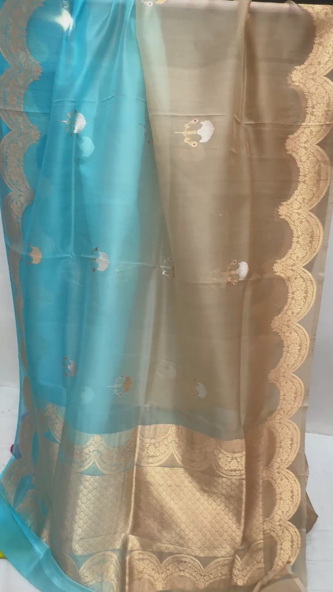 Half Brown & Half Blue Pure  Kora Silk Handloom Banarasi Saree - All Over Meenakari Kadua Motifs