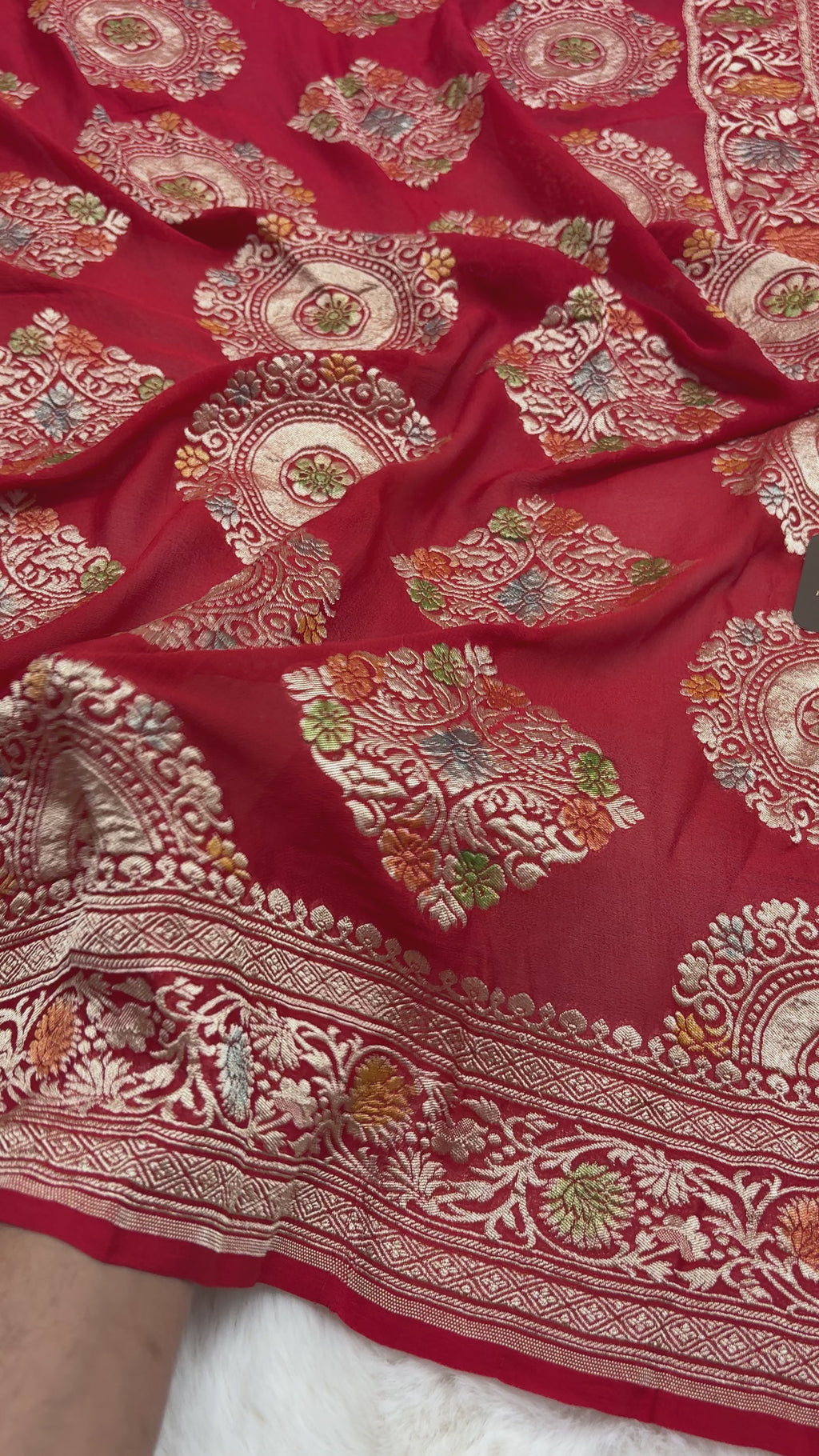 Red Pure Khaddi Georgette Silk handloom Banarasi Saree - Water Zari