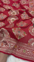 Red Pure Khaddi Georgette Silk handloom Banarasi Saree - Water Zari