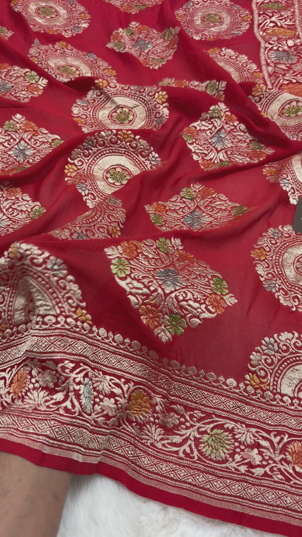 Red Pure Khaddi Georgette Silk handloom Banarasi Saree - Water Zari