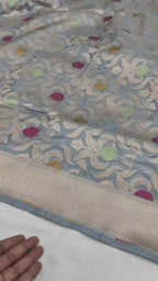 Light Blue Pure Katan Silk Handloom Banarasi Saree - All Over Meenakari Brocade Jangla