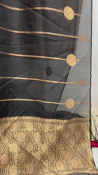 Jet black Pure Kora Silk Handloom Banarasi Saree - All Over Stripes