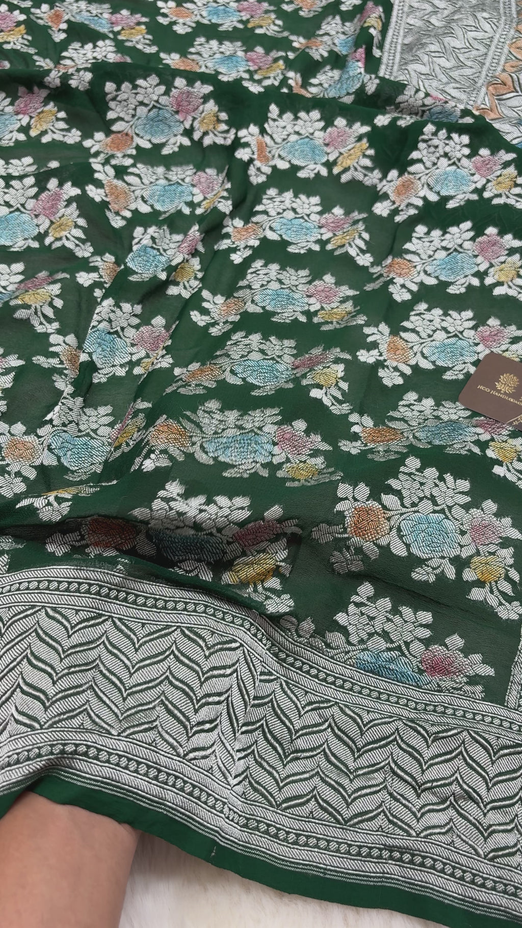 Green Pure Khaddi Georgette Silk handloom Banarasi Saree - Water Zari