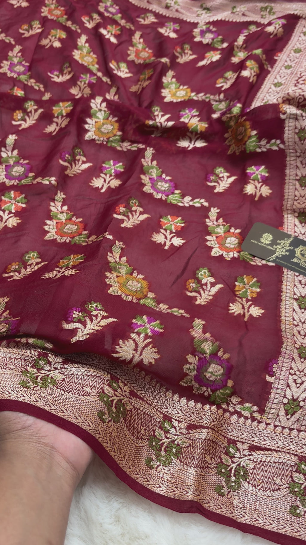 Maroon Pure Khaddi Chiffon Silk Banarasi Saree - Floral Motifs