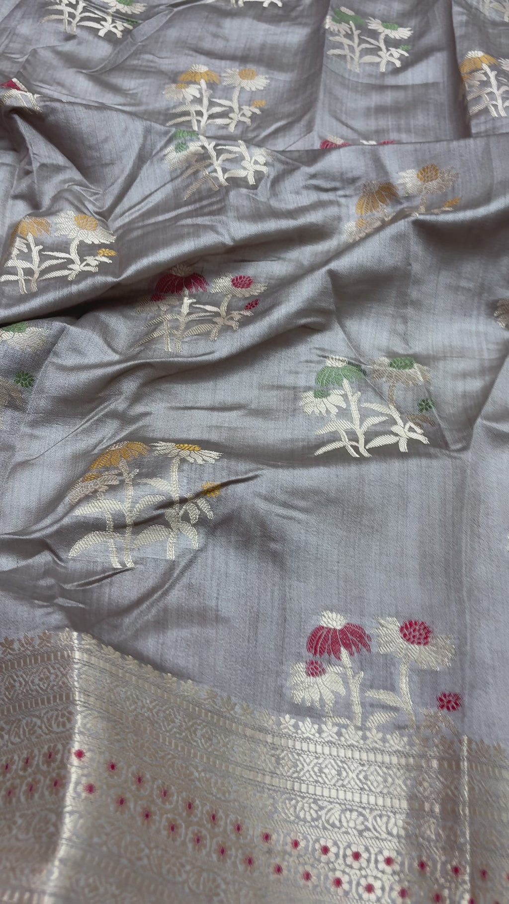Gray Pure Chiniya Silk Handloom Banarasi Saree - All Over Meenakari Motifs