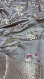 Gray Pure Chiniya Silk Handloom Banarasi Saree - All Over Meenakari Motifs