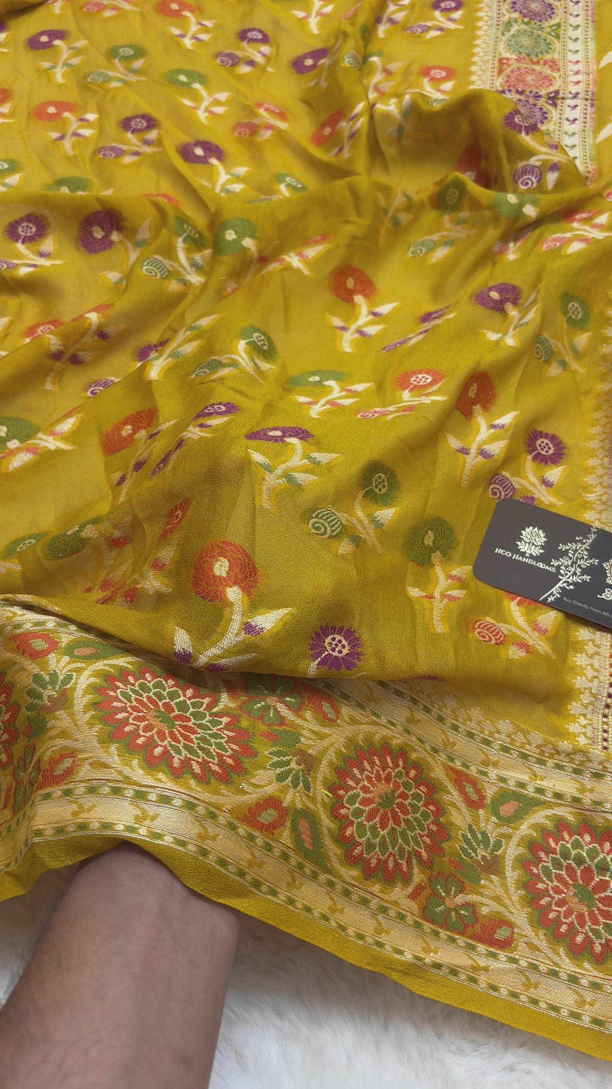 Yellow Pure Khaddi Chiffon Silk Banarasi Saree - Floral Motifs