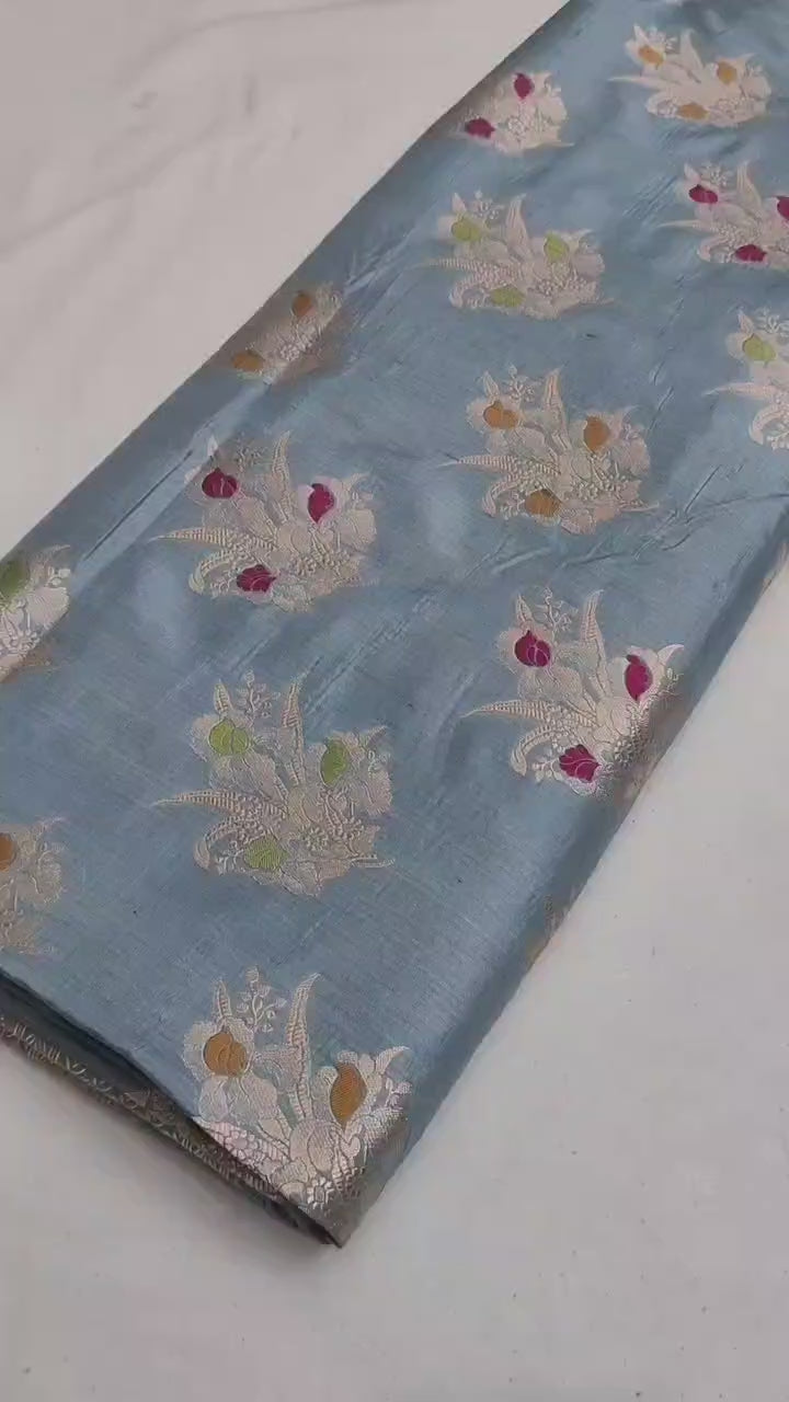 Light Blue Pure Katan Silk Handloom Banarasi Saree - All Over Meenakari Motifs