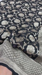 Black Pure Khaddi Georgette Silk handloom Banarasi Saree - Water Zari