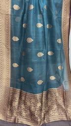 Light Blue & Wine Contrast Pure Kora Silk Handloom Banarasi Saree - All Over Kadua Motifs