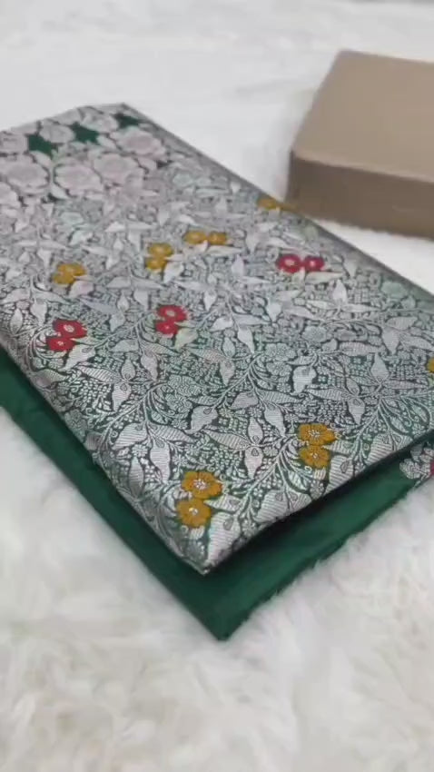 Green Premium Mashru katan Silk Banarasi Saree - All Over Meenakari Skirt