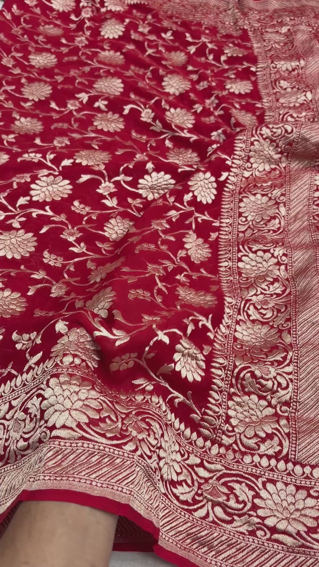Red Pure Khaddi Georgette Silk Handloom Banarasi Saree - Water Zari