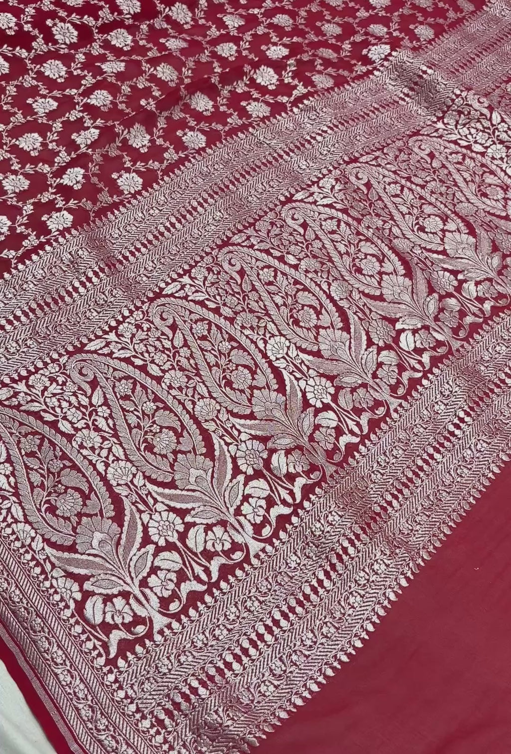Red Pure Khaddi Georgette Silk Handloom Banarasi Saree - All Over Jaal