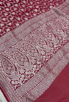 Red Pure Khaddi Georgette Silk Handloom Banarasi Saree - All Over Jaal