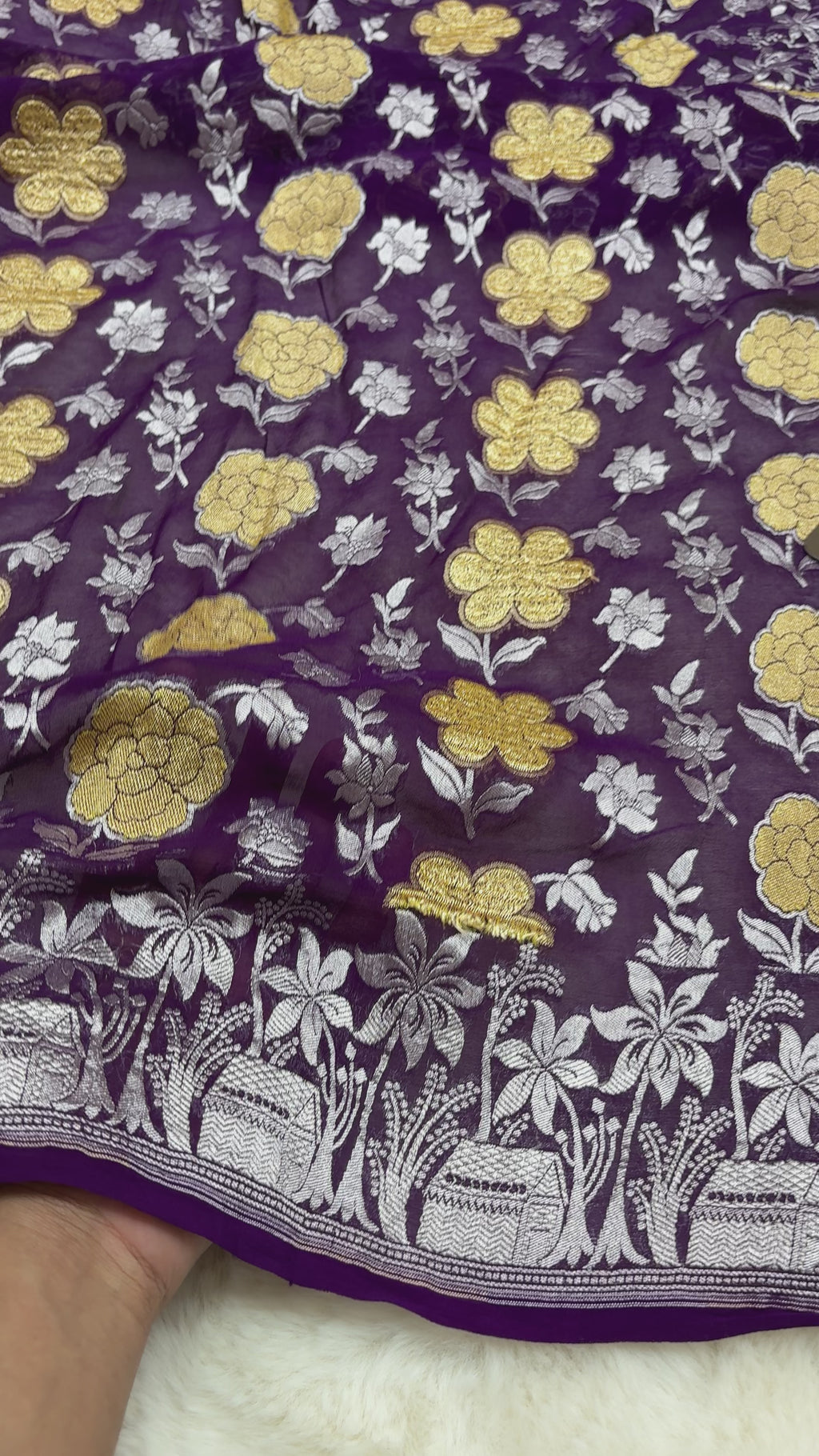 Purple Pure Khaddi Georgette Silk handloom Banarasi Saree - Silver Zari