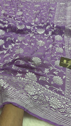 Lavender Pure Khaddi Georgette Silk handloom Banarasi Saree - Water Zari