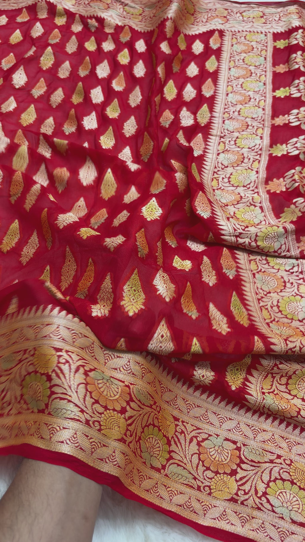 Red Pure Khaddi Chiffon Silk Banarasi Saree - All Over Motifs