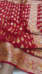 Red Pure Khaddi Chiffon Silk Banarasi Saree - All Over Motifs