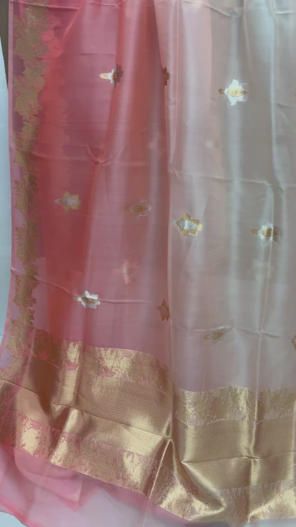Half Ivory & Half Light Pink Pure Kora Silk Handloom Banarasi Saree - All Over Sona & Roopa Kadua Motifs