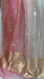 Half Ivory & Half Light Pink Pure Kora Silk Handloom Banarasi Saree - All Over Sona & Roopa Kadua Motifs