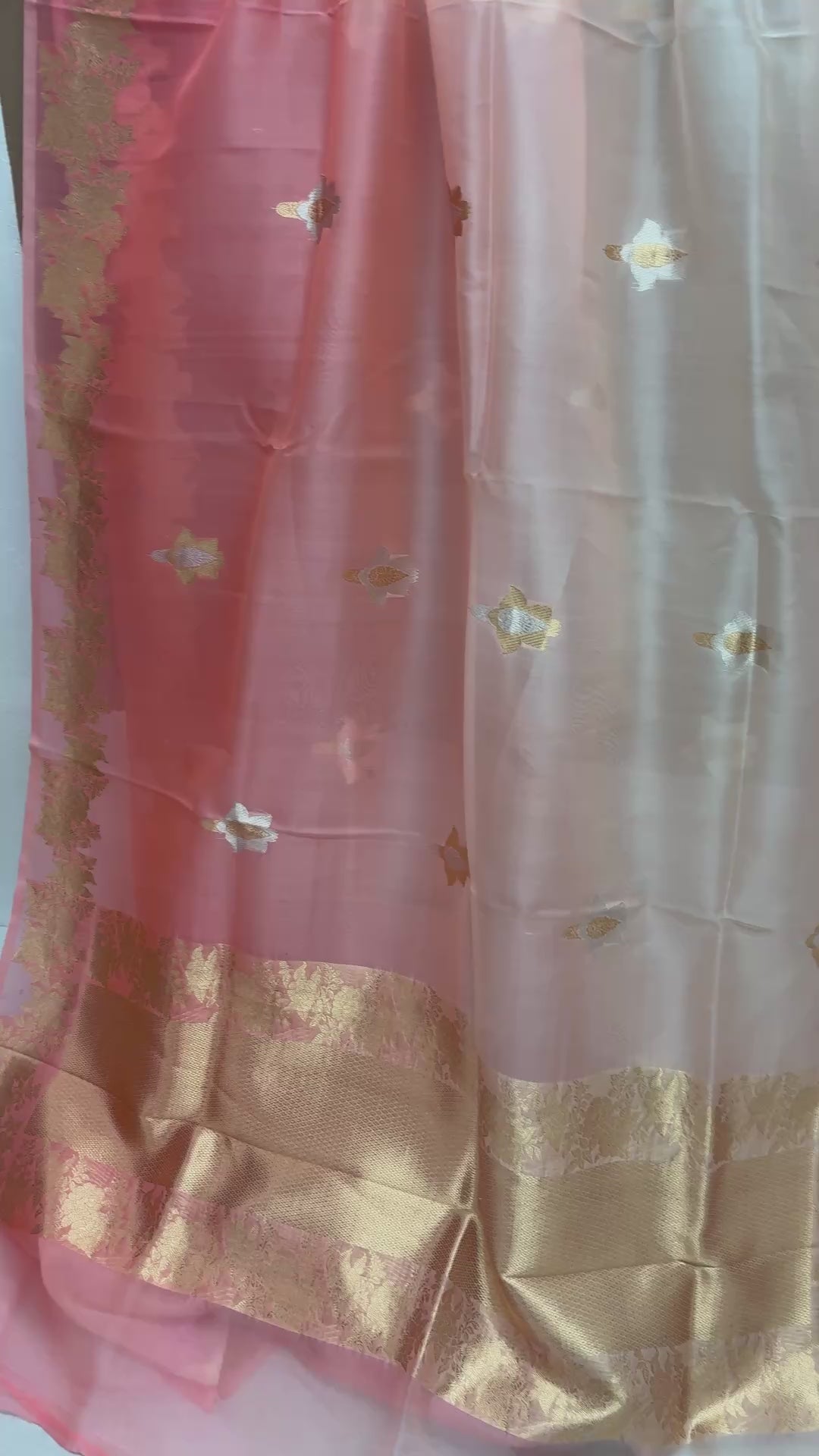 Half Ivory & Half Light Pink Pure Kora Silk Handloom Banarasi Saree - All Over Sona & Roopa Kadua Motifs