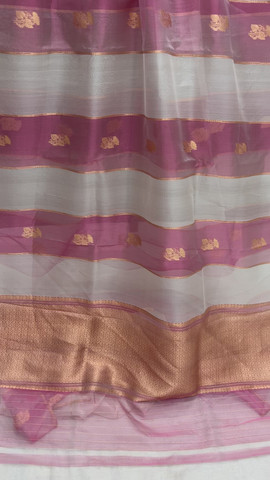 White & Pink Pure Kora Silk Handloom Banarasi Saree - All Over Stripe & Motifs