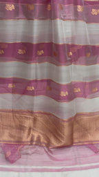 White & Pink Pure Kora Silk Handloom Banarasi Saree - All Over Stripe & Motifs