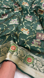 Green Pure Khaddi Chiffon Silk Banarasi Saree - Floral Vines Motifs