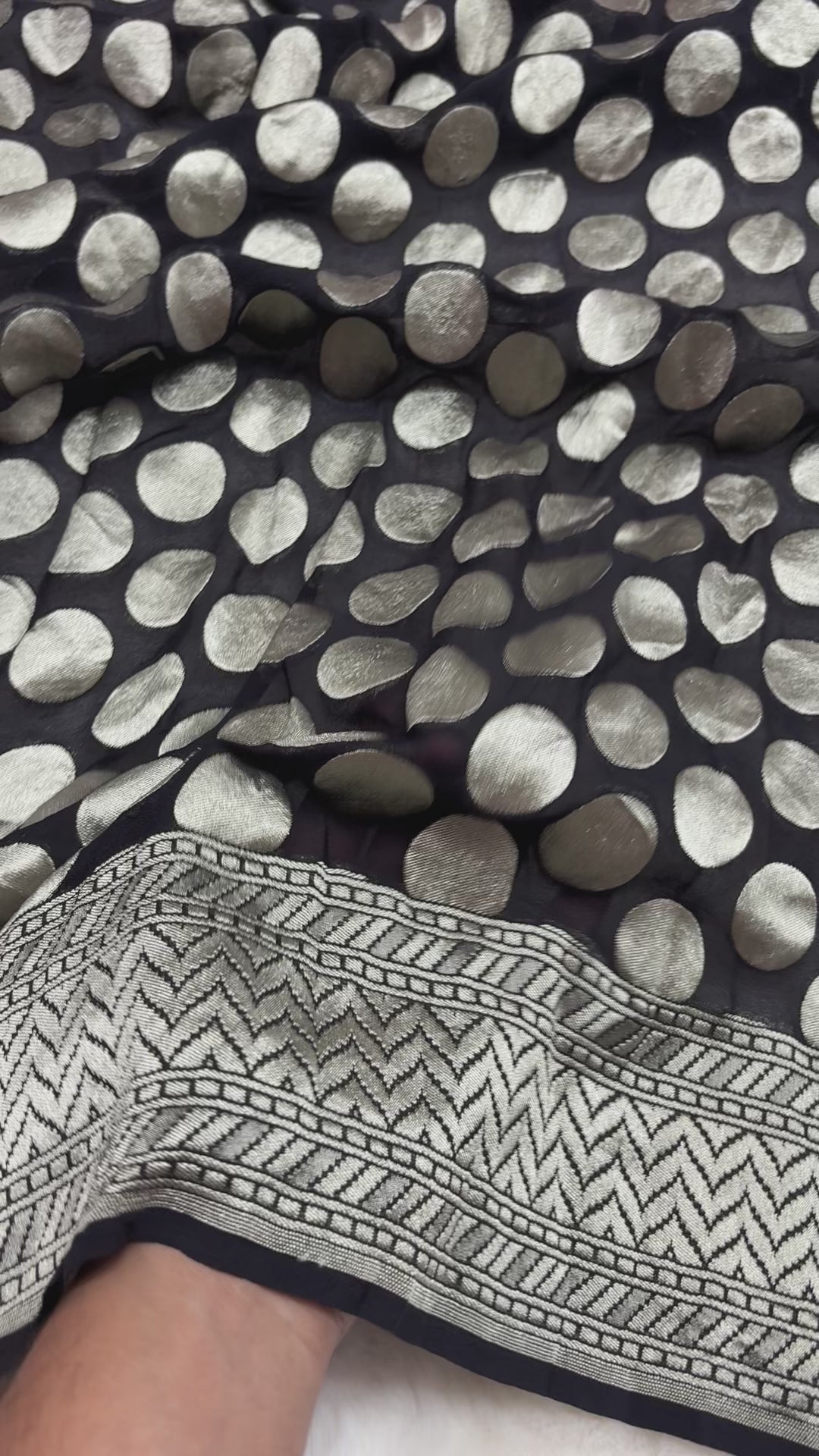 Black Pure Khaddi Georgette Silk handloom Banarasi Saree - Silver Zari