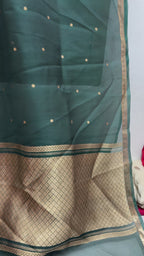 Regal Green Pure Kora Silk Handloom Banarasi Saree - All Over Small Buti