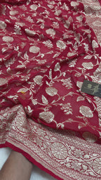 Red Pure Khaddi Georgette Silk handloom Banarasi Saree - Gold Zari