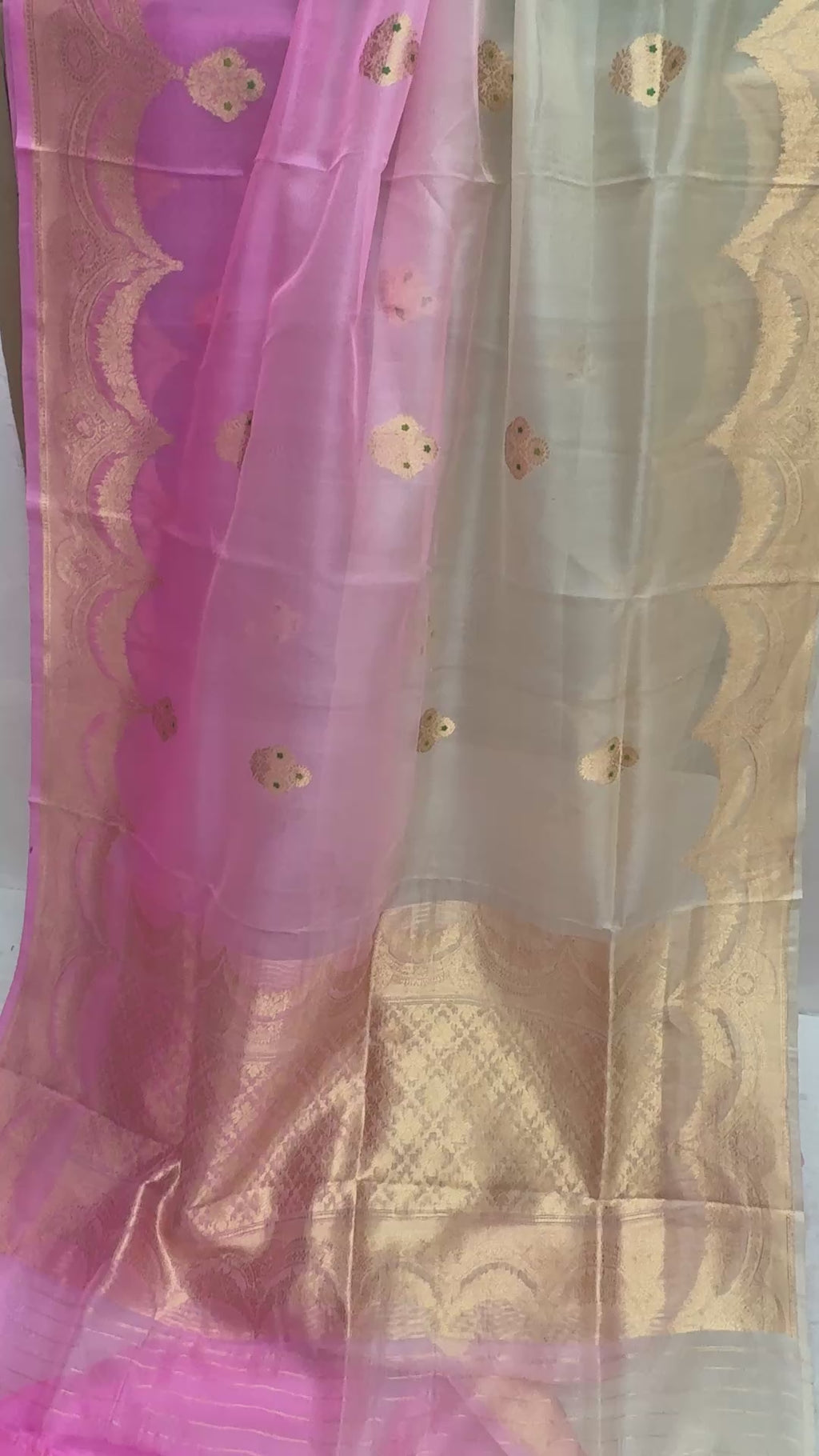 Half Ivory & Half Light Pink Pure  Kora Silk Handloom Banarasi Saree - All Over Meenakari Kadua Motifs