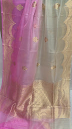 Half Ivory & Half Light Pink Pure  Kora Silk Handloom Banarasi Saree - All Over Meenakari Kadua Motifs