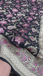 Black Pure Khaddi Georgette Silk Meenakari Handloom Banarasi Saree - Water Zari