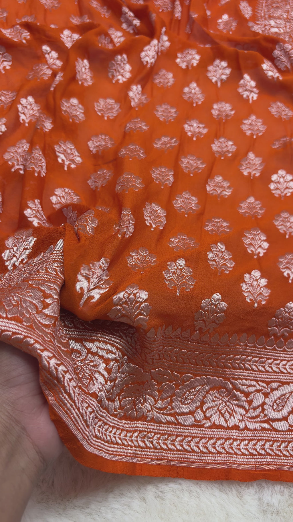 Orange Pure Khaddi Georgette Silk handloom Banarasi Saree - Silver Zari