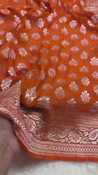 Orange Pure Khaddi Georgette Silk handloom Banarasi Saree - Silver Zari