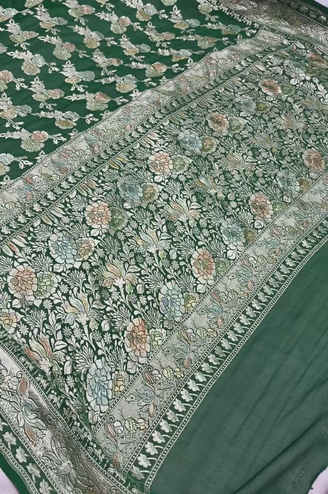 Bottle Green Pure Khaddi Georgette Silk Handloom Banarasi Saree - All Over Meenakari Jaal